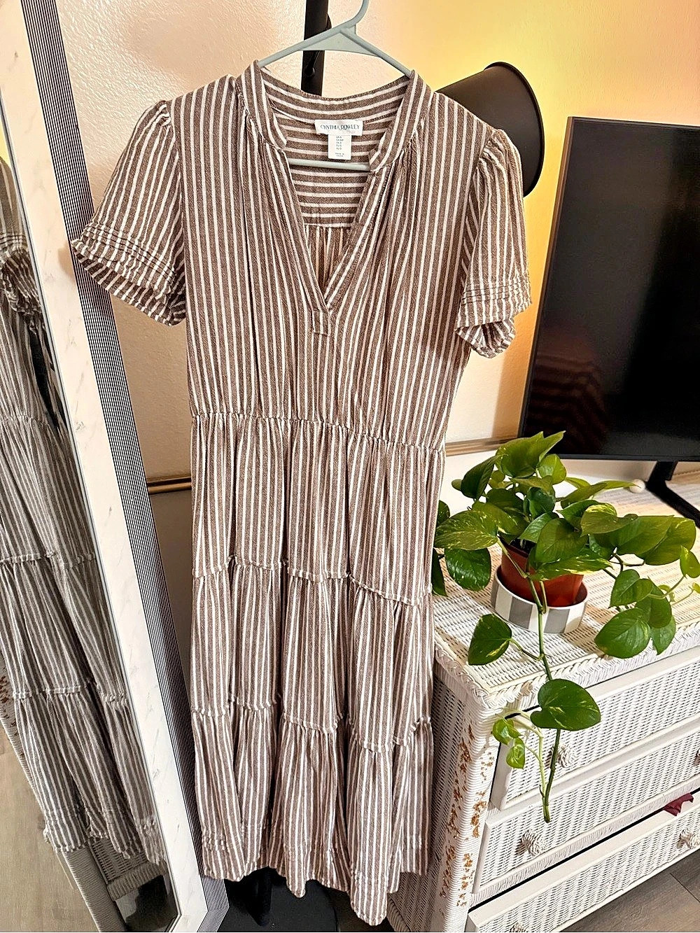 Cynthia Rowley Linen Blend Striped Tiered Midi Dress Brown & White